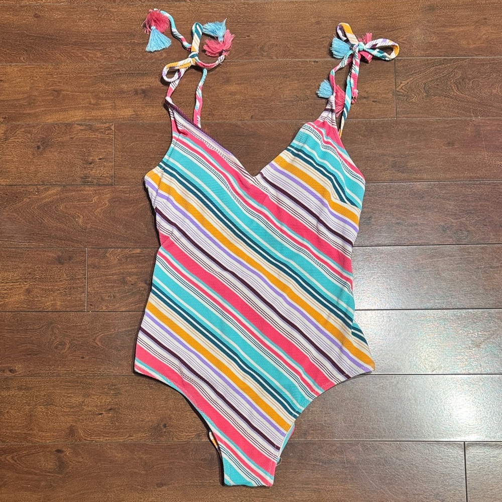 Striped Tie-Shoulder One-Piece Swimsuit - Multicolor Stripe